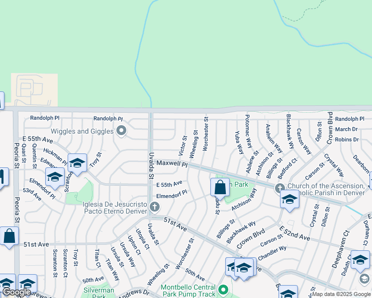 map of restaurants, bars, coffee shops, grocery stores, and more near 5536 Wheeling Street in Denver