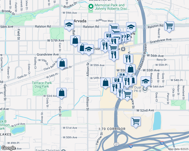 map of restaurants, bars, coffee shops, grocery stores, and more near 7956 West 54th Avenue in Arvada