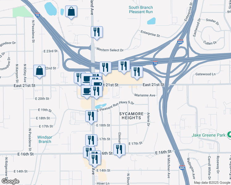 map of restaurants, bars, coffee shops, grocery stores, and more near 7100 Wadsworth Way in Indianapolis
