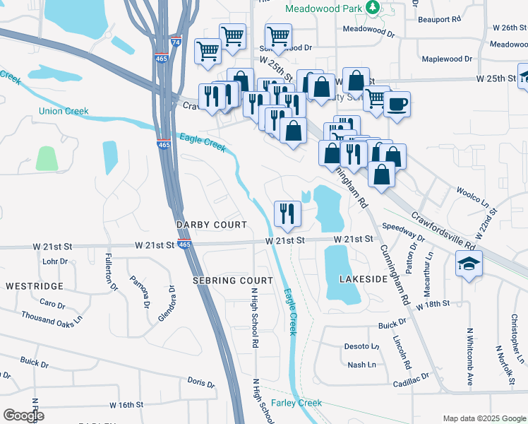 map of restaurants, bars, coffee shops, grocery stores, and more near 6290 West 21st Street in Speedway