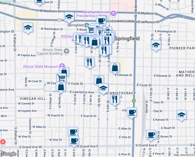 map of restaurants, bars, coffee shops, grocery stores, and more near in Springfield