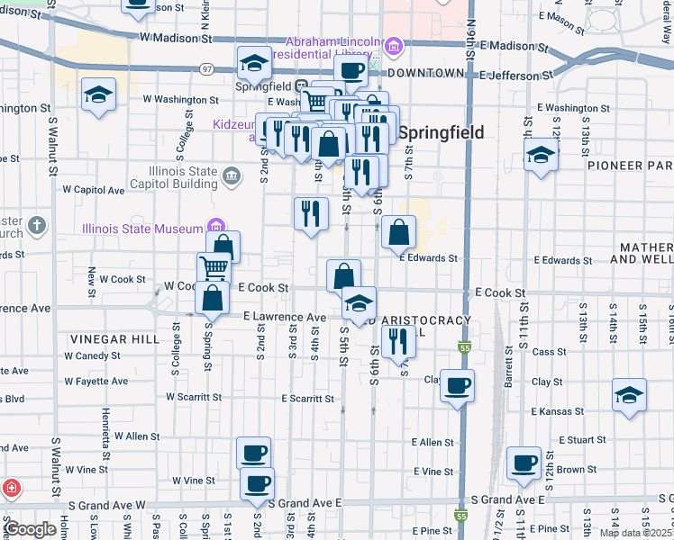 map of restaurants, bars, coffee shops, grocery stores, and more near in Springfield
