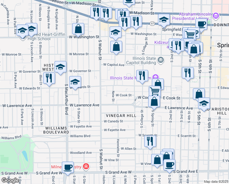 map of restaurants, bars, coffee shops, grocery stores, and more near 460 West Cook Street in Springfield