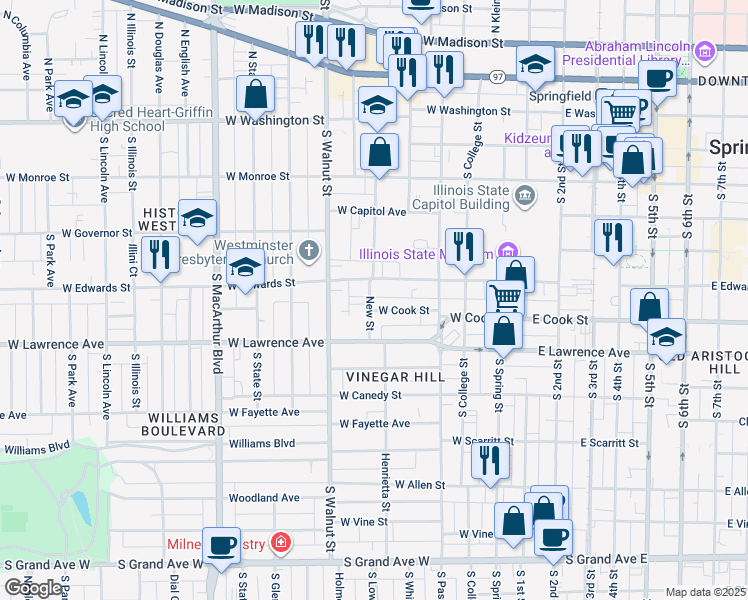 map of restaurants, bars, coffee shops, grocery stores, and more near 460 West Cook Street in Springfield