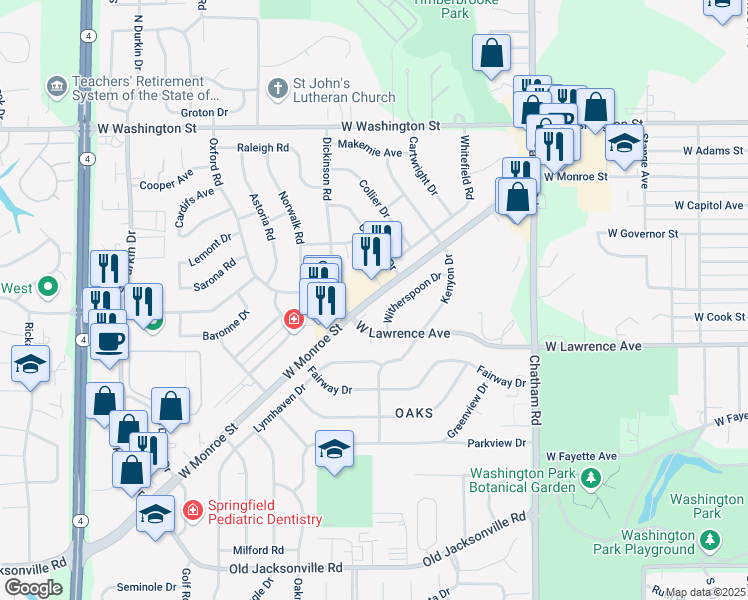map of restaurants, bars, coffee shops, grocery stores, and more near 2301 West Lawrence Avenue in Springfield