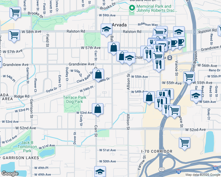 map of restaurants, bars, coffee shops, grocery stores, and more near 5465 Balsam Street in Arvada