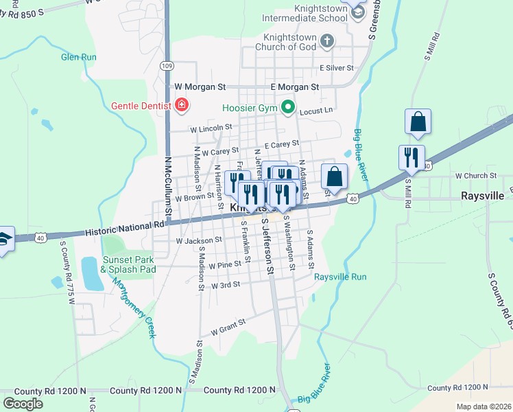 map of restaurants, bars, coffee shops, grocery stores, and more near in Knightstown