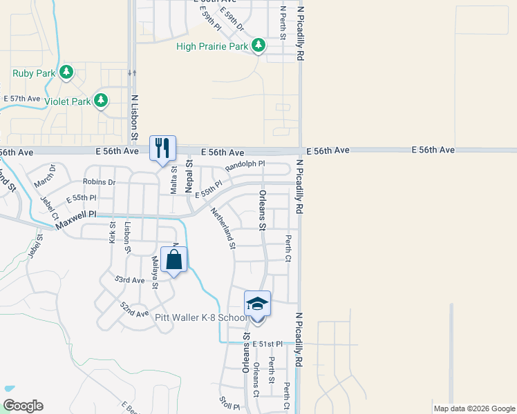 map of restaurants, bars, coffee shops, grocery stores, and more near 21440 East 54th Place in Denver