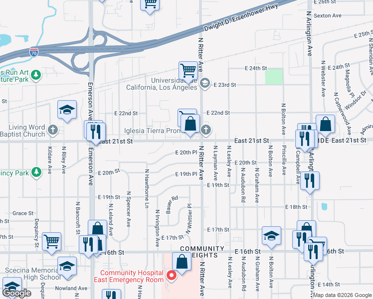 map of restaurants, bars, coffee shops, grocery stores, and more near 5438 East 20th Street in Indianapolis