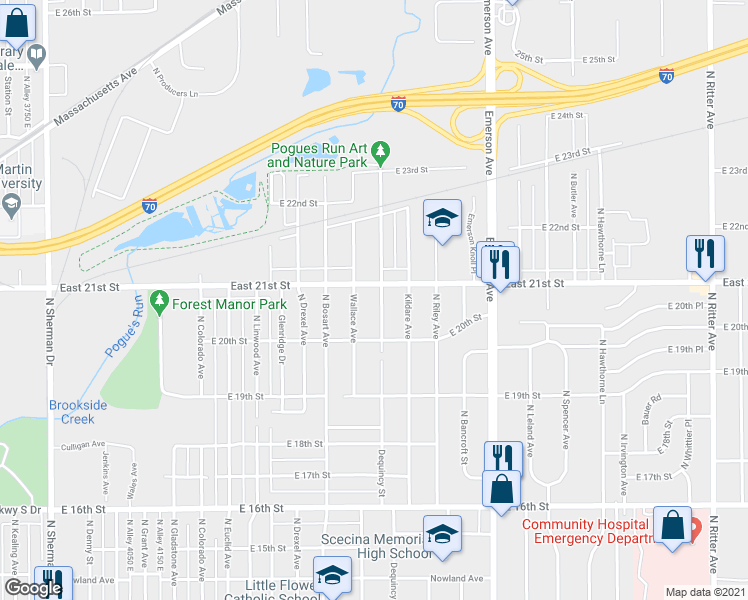 map of restaurants, bars, coffee shops, grocery stores, and more near 2044 North Dequincy Street in Indianapolis