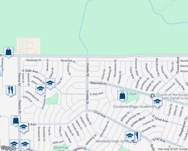 map of restaurants, bars, coffee shops, grocery stores, and more near 13133 Maxwell Place in Denver