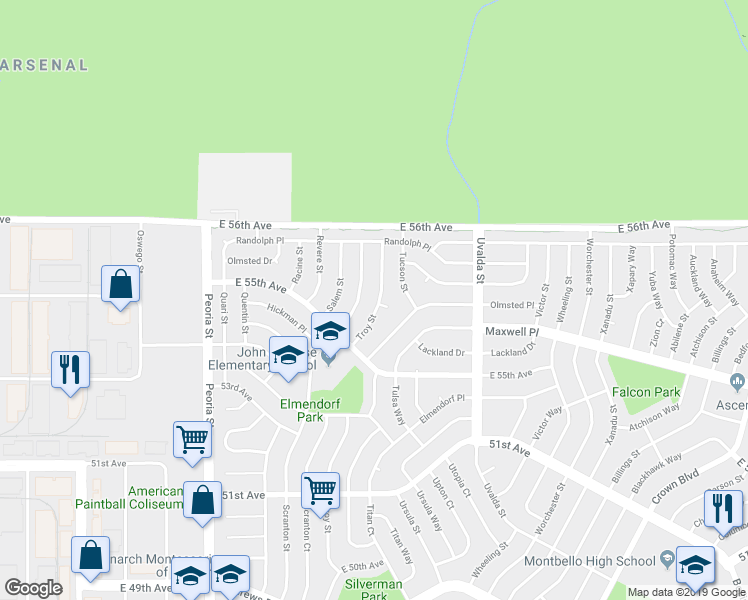 map of restaurants, bars, coffee shops, grocery stores, and more near 5519 Tucson Street in Denver