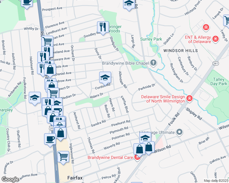 map of restaurants, bars, coffee shops, grocery stores, and more near 164 Fairfax Boulevard in Wilmington