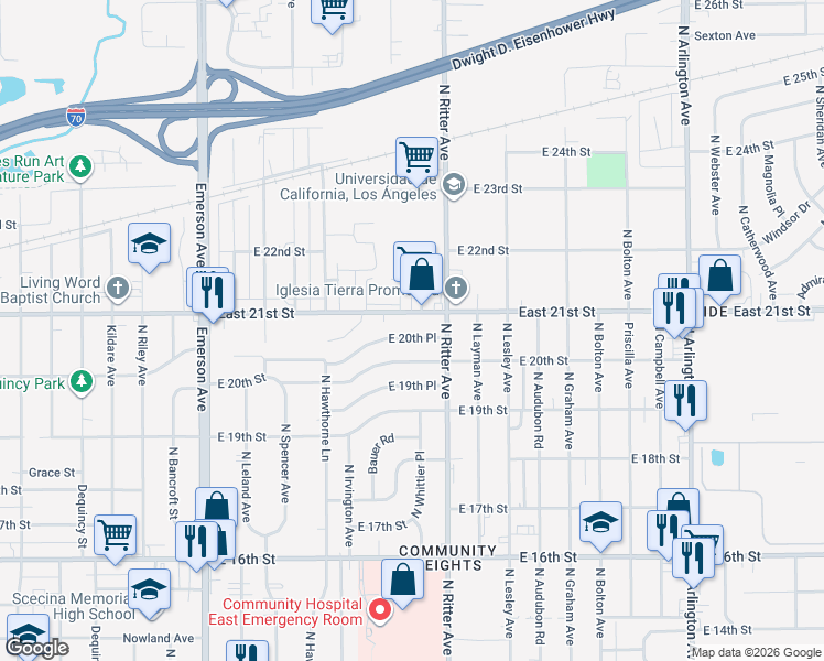map of restaurants, bars, coffee shops, grocery stores, and more near 5438 East 20th Street in Indianapolis