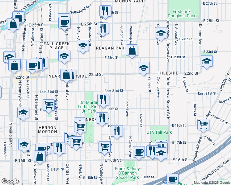 map of restaurants, bars, coffee shops, grocery stores, and more near 2035 Carrollton Avenue in Indianapolis