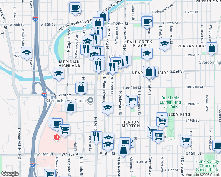 map of restaurants, bars, coffee shops, grocery stores, and more near 115 East 21st Street in Indianapolis