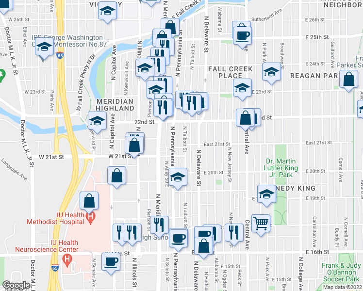 map of restaurants, bars, coffee shops, grocery stores, and more near 115 East 21st Street in Indianapolis