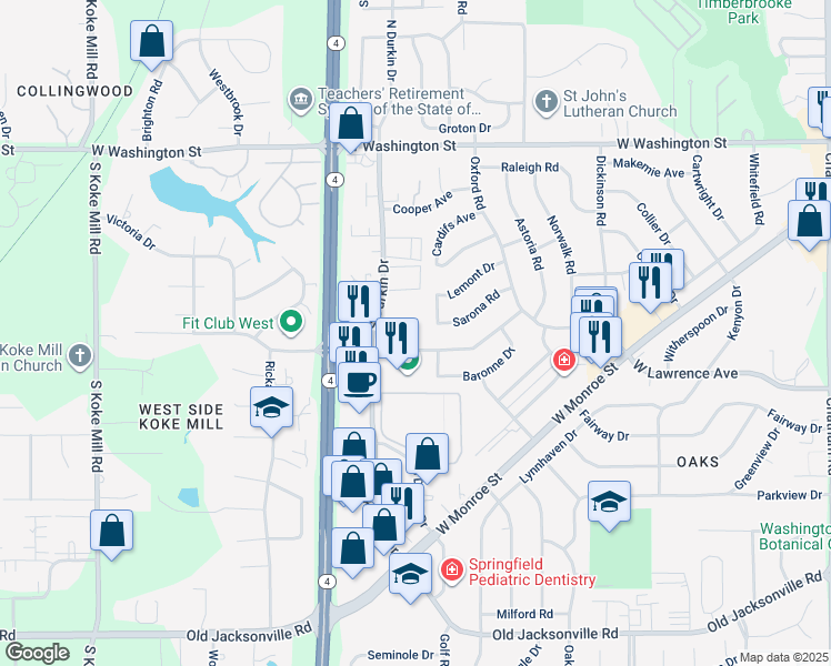 map of restaurants, bars, coffee shops, grocery stores, and more near 2636 West Lawrence Avenue in Springfield