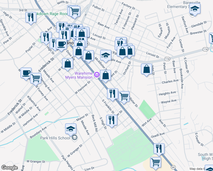 map of restaurants, bars, coffee shops, grocery stores, and more near 410 Baltimore Street in Hanover