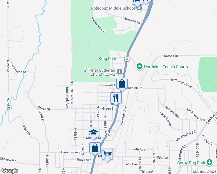map of restaurants, bars, coffee shops, grocery stores, and more near 1004 Randolph Street in Saint Joseph