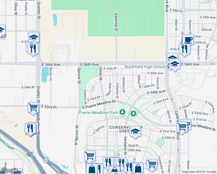 map of restaurants, bars, coffee shops, grocery stores, and more near 5394 Uinta Street in Denver