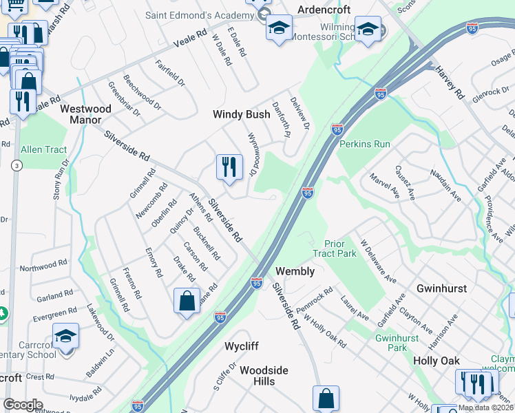 map of restaurants, bars, coffee shops, grocery stores, and more near 1409 Silverside Road in Wilmington