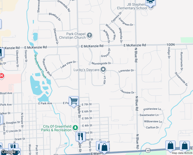 map of restaurants, bars, coffee shops, grocery stores, and more near 1108 East Mill Run Boulevard in Greenfield