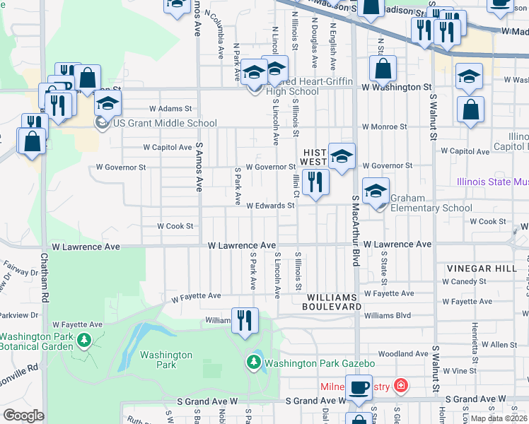 map of restaurants, bars, coffee shops, grocery stores, and more near 701 South Lincoln Avenue in Springfield