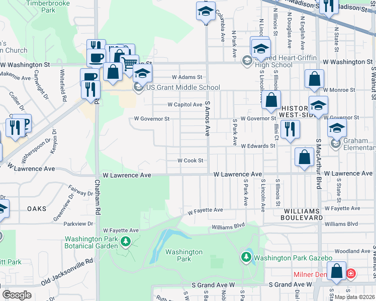 map of restaurants, bars, coffee shops, grocery stores, and more near in Springfield