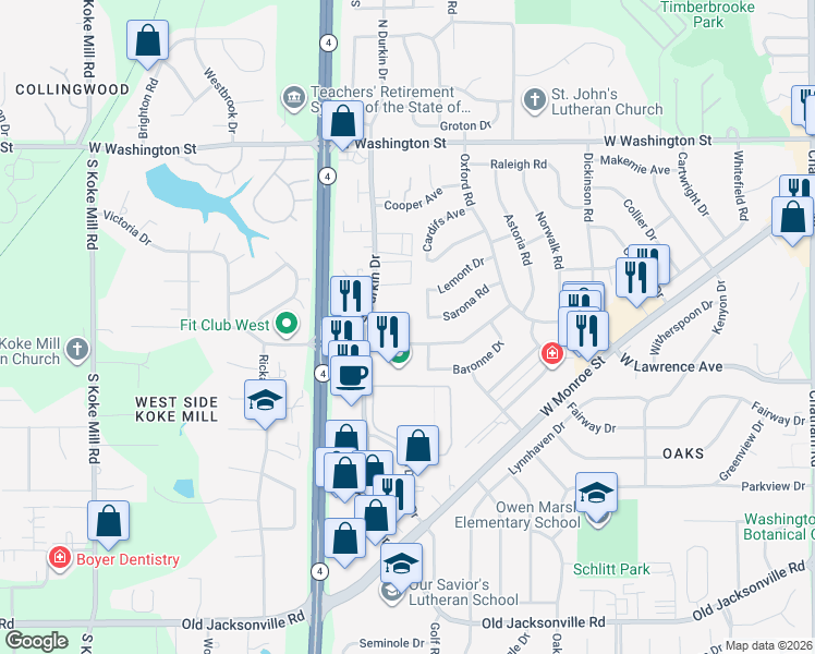 map of restaurants, bars, coffee shops, grocery stores, and more near 2636 West Lawrence Avenue in Springfield