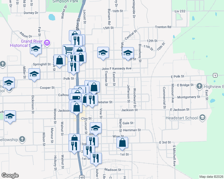 map of restaurants, bars, coffee shops, grocery stores, and more near 412 Calhoun Street in Chillicothe