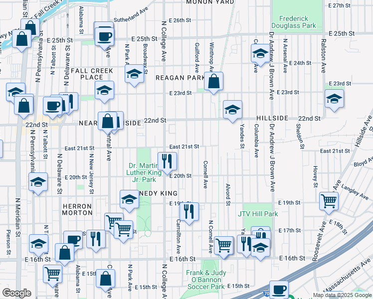 map of restaurants, bars, coffee shops, grocery stores, and more near 2035 Carrollton Avenue in Indianapolis