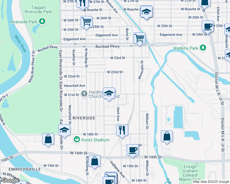 map of restaurants, bars, coffee shops, grocery stores, and more near 2033 Sugar Grove Avenue in Indianapolis