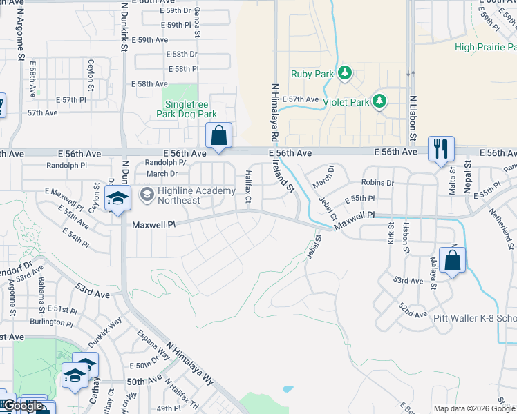 map of restaurants, bars, coffee shops, grocery stores, and more near 5533 Himalaya Road in Denver