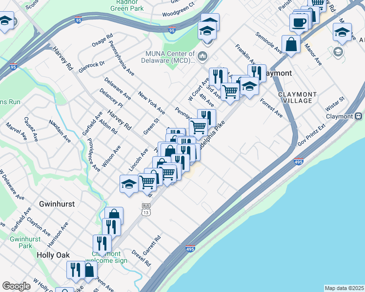 map of restaurants, bars, coffee shops, grocery stores, and more near 13 Delaware Avenue in Claymont