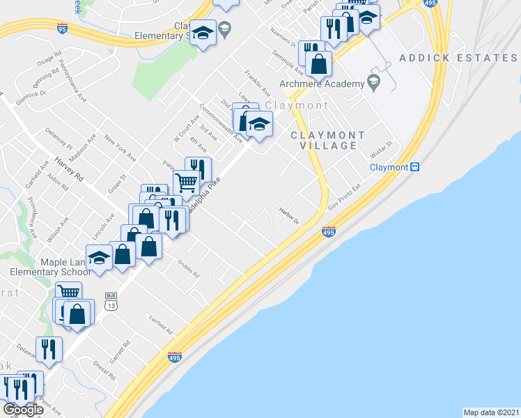 map of restaurants, bars, coffee shops, grocery stores, and more near 181 Harbor Drive in Claymont