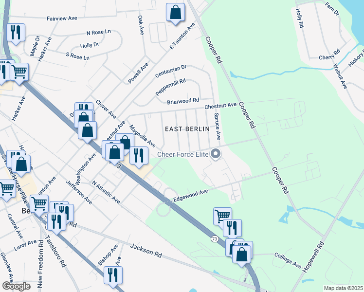 map of restaurants, bars, coffee shops, grocery stores, and more near 341 Larch Avenue in West Berlin