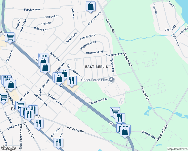 map of restaurants, bars, coffee shops, grocery stores, and more near 341 Larch Avenue in West Berlin