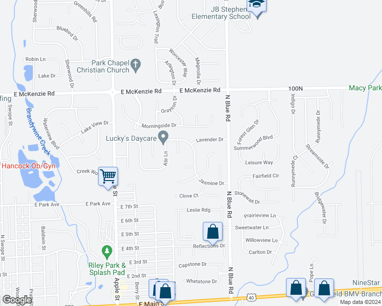 map of restaurants, bars, coffee shops, grocery stores, and more near 1317 Jasmine Drive in Greenfield