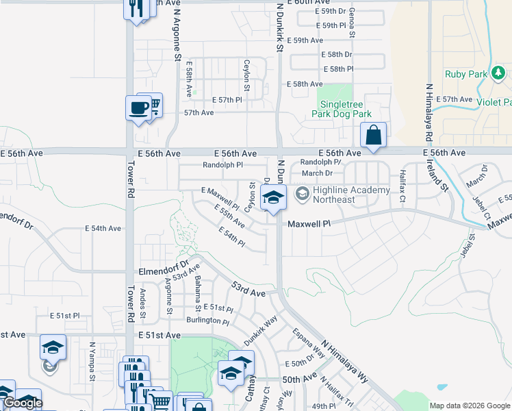 map of restaurants, bars, coffee shops, grocery stores, and more near 5563 Ceylon Street in Denver