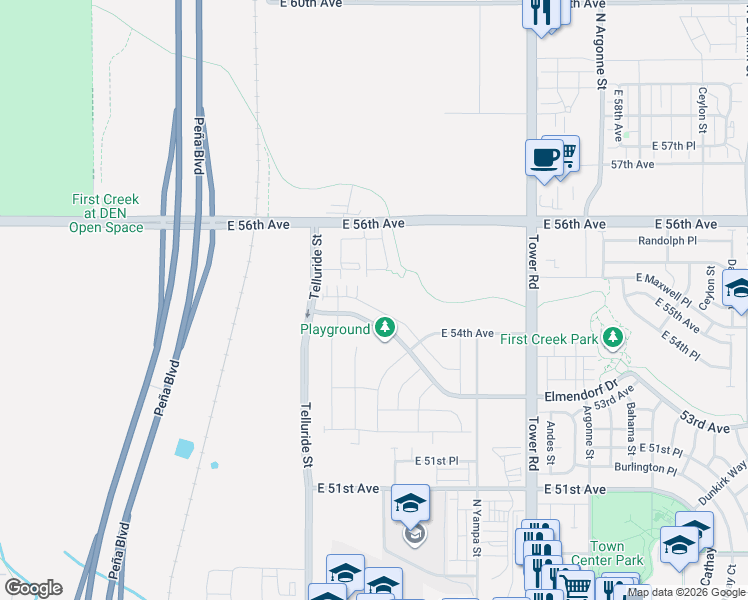 map of restaurants, bars, coffee shops, grocery stores, and more near 17909 East 54th Avenue in Denver