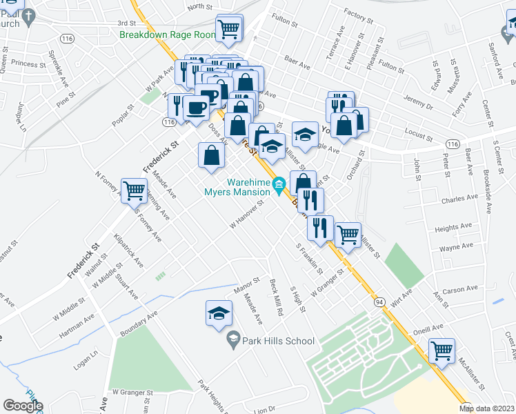 map of restaurants, bars, coffee shops, grocery stores, and more near 32 West Hanover Street in Hanover