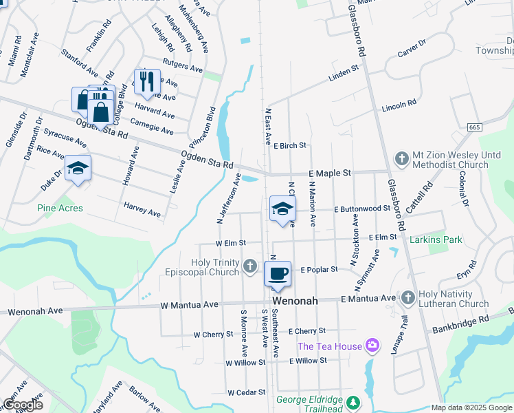 map of restaurants, bars, coffee shops, grocery stores, and more near 1 West Buttonwood Street in Wenonah