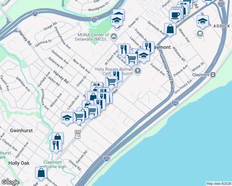 map of restaurants, bars, coffee shops, grocery stores, and more near 2912 Philadelphia Pike in Claymont
