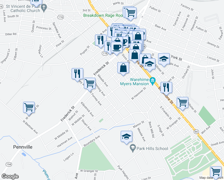 map of restaurants, bars, coffee shops, grocery stores, and more near 395 West Middle Street in Hanover