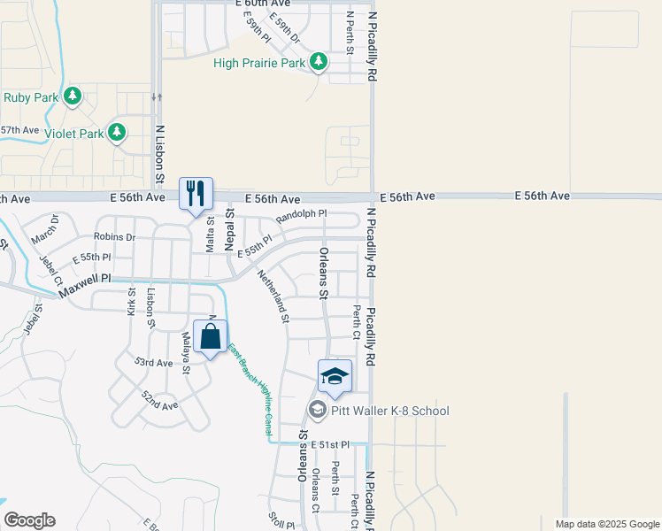 map of restaurants, bars, coffee shops, grocery stores, and more near 21613 55th Avenue in Denver