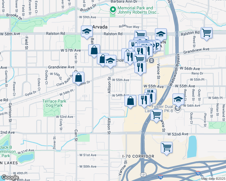 map of restaurants, bars, coffee shops, grocery stores, and more near 5467 Zephyr Court in Arvada