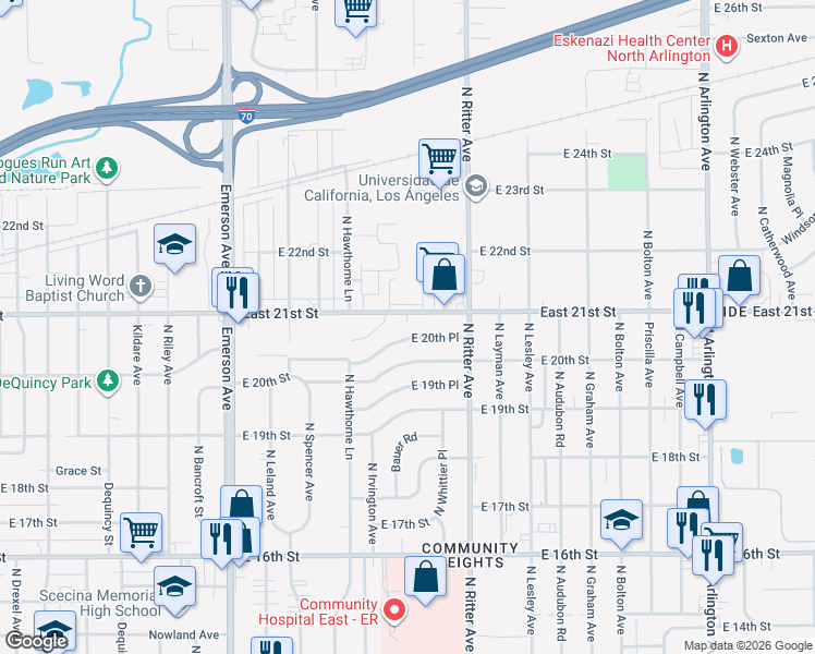 map of restaurants, bars, coffee shops, grocery stores, and more near 5352 East 21st Street in Indianapolis