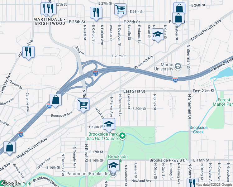 map of restaurants, bars, coffee shops, grocery stores, and more near 3201 Roosevelt Avenue in Indianapolis