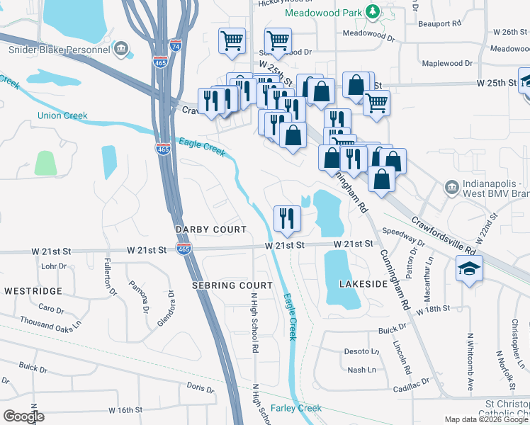 map of restaurants, bars, coffee shops, grocery stores, and more near 2100-2248 Eagleview Drive in Speedway